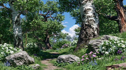 Fototapeta premium Enchanting forest pathway with birch trees and wildflowers nature scenes wildflowers