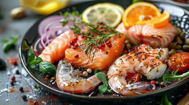 Fresh seafood platter with raw salmon slices grilled shrimp and citrus fruits garnished with rosemary and peppercorns for mediterranean diet healthy meal ideas.