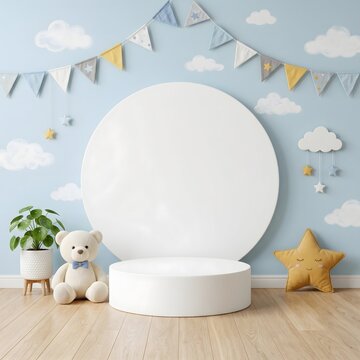 Baby shower stage with teddy bear and clouds backdrop as isolated object