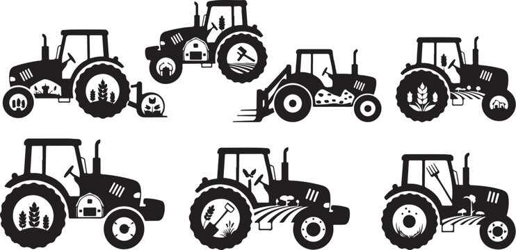 Tractor icons, farm vehicle silhouettes, agricultural machinery symbols