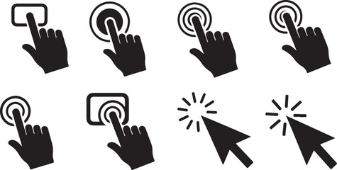 Fototapeta premium Hand cursor icons, click symbols, web buttons, black vector graphics