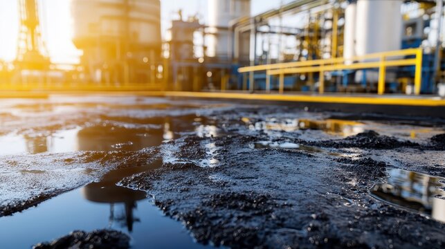 Industrial Chemical Spill and Hazardous Waste Site with Contaminated Ground and Water, Under Bright Daylight with Factory Background