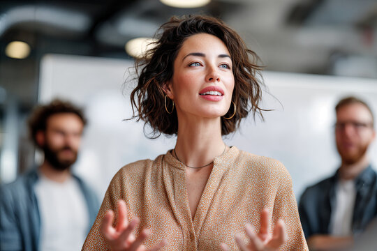 Confident Woman Leader Inspiring Team in Modern Office