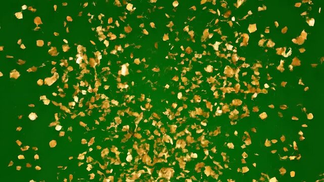 Golden Confetti Falling on Green Background Celebration Party Event.