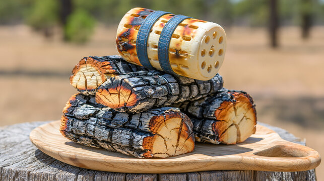 Pile of burnt logs on a wooden plate outdoors with stack of wood dried wood forest floor