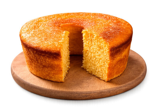 Bolo de fub&aacute; caseiro com textura macia e dourada, servido em prato de madeira. Comida t&iacute;pica de festa junina ou S&atilde;o Jo&atilde;o. Comida brasileira. Comida mineira.	