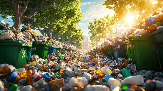 Overflowing garbage bins and scattered waste overwhelm a sunlit urban street, illustrating the problem of overconsumption.