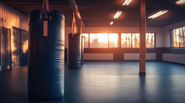 Several blue punching bags hanging in a brightly lit boxing gym during sunset, ready for rigorous training sessions and drills.