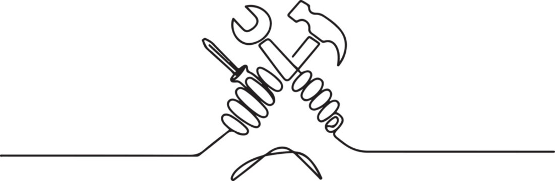 Set continuous one line drawing of hands holding working tools.one line Art icon drawing vector