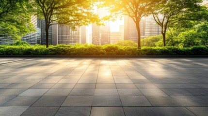 Sunlight Illuminates Modern Cityscape with Lush Greenery and Tiled Plaza