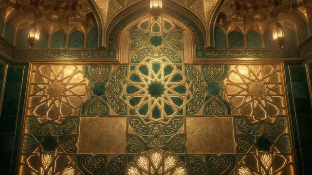 Luxurious ornate wall adorned with intricate Islamic geometric patterns, golden Arabesque details creating a majestic and sacred atmosphere, evoking ancient artistry