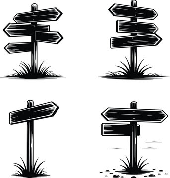 Vintage Wooden Direction Sign Collection Vector Illustration. Rustic Arrow Signpost Set Isolated Black Silhouette.