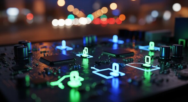 Futuristic glowing digital circuit board with abstract neon lines and chips on a blurred city