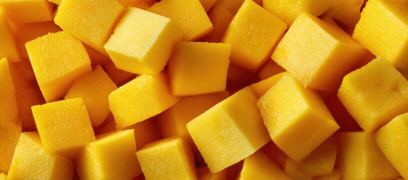 Close-up view of perfectly diced fresh mango cubes, showcasing their vibrant yellow-orange color and juicy texture.