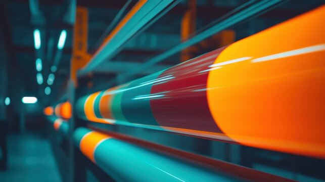 Vibrant colored rolls of industrial material moving on printing production machinery with dynamic lighting