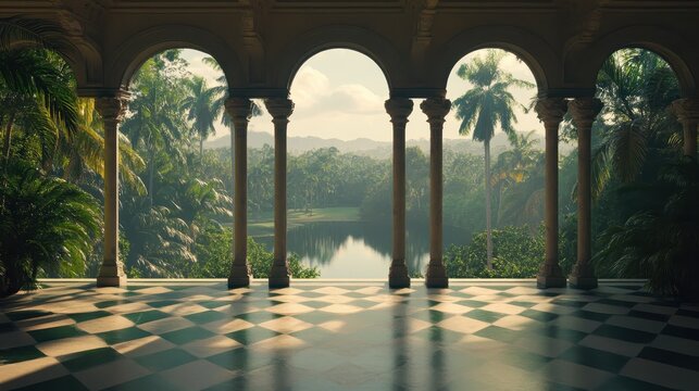 Tranquil tropical landscape viewed through ancient colonial arches reflecting on a checkered floor