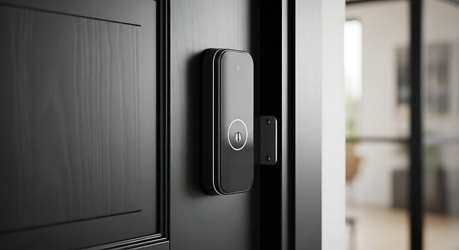 Close-up of a modern electronic smart lock on a sleek black door for secure keyless entry
