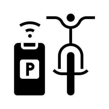 Bicycle parking app icon. Transport and bicycle parking filled symbol. Black and white.