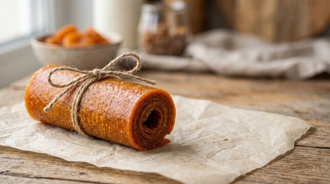 Apricot fruit leather roll tied with twine on rustic wooden kitchen table