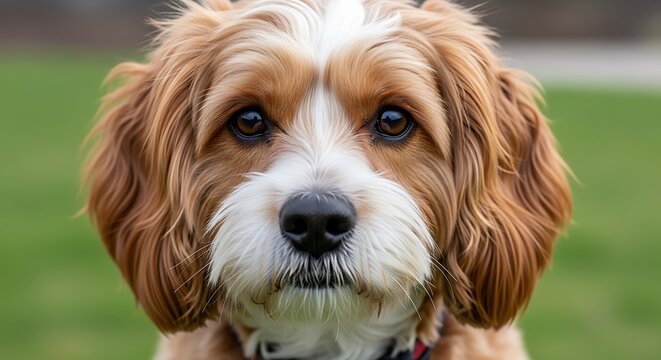 Close up portrait of a cavapoo puppy with brown and white fur