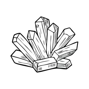 Hand drawn illustration of a cluster of pointed prismatic crystals mineral formation line art