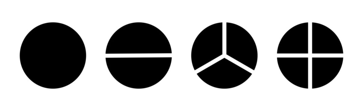 Circle division on 1 2 3 4 black equal parts. Infographic minimalist icons set. Coaching blank mockup. Pizza, pie chart layout. Wheel round divided diagrams from one to four equal segments