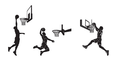 vector silhouette of a male basketball player slam dunk, scoring the ball to the net, transparent background. © Sabbir