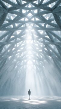 Lone woman under vast geometric lattice roof with dramatic sunbeams in futuristic atrium