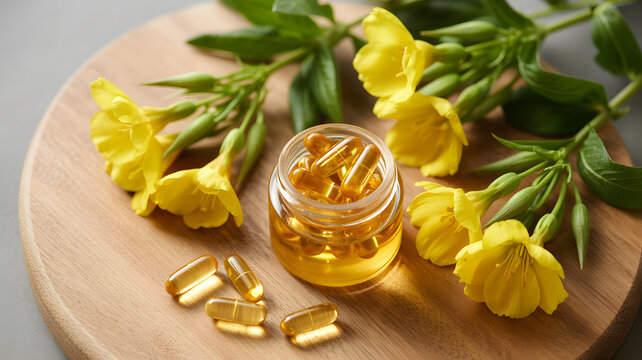 Evening primrose oil capsules and flowers on a wooden plate