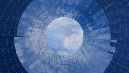 Naklejka premium 3D low angle view of a circular glass building facade reflecting a cloudy blue sky in a futuristic style