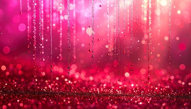 上から降り注ぐ鮮やかなルビーレッドのラメグリッターとキラキラ光る粒子が背景に積もる幻想的な抽象イメージ
