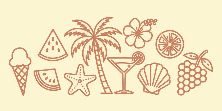 Summer vacation ice cream watermelon palm tree cocktail hibiscus orange slice seashell grapes holiday