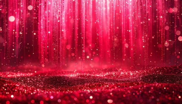 上から降り注ぐ鮮やかなルビーレッドのラメグリッターとキラキラ光る粒子が背景に積もる幻想的な抽象イメージ