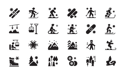 Fototapeta premium Skiing and snowboarding glyph icons with winter mountains snowflakes and lift equipment signs.