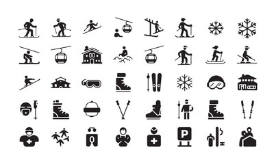 Alpine ski resort icons with gondola lifts medical aid goggles and winter equipment silhouettes. © Md