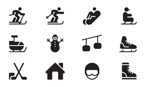 Winter sport icons collection with skier snowboarder snowman sled and more.