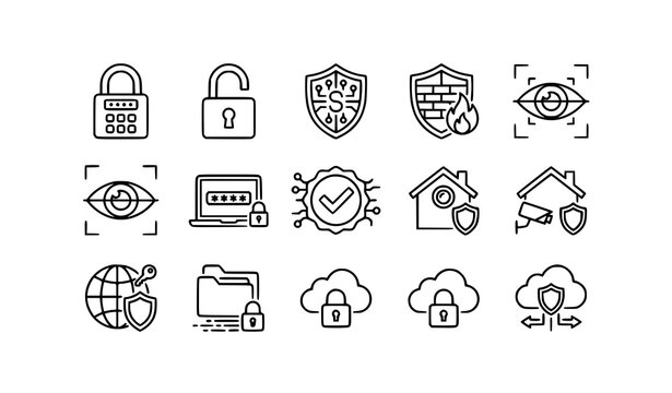Cyber security line icons set with password lock firewall shield and internet protection vector