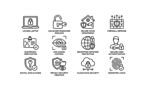 Professional cyber protection line icon set with digital lock shield and firewall vector