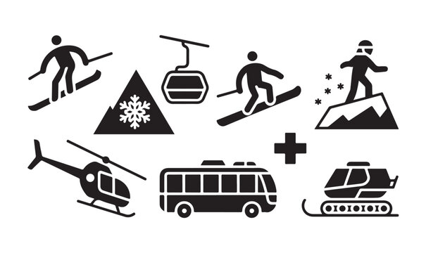 Mountain resort transportation and winter adventure icons featuring cable car bus and heli.