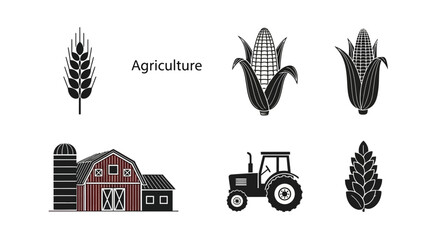 Agriculture icons set with barn tractor and corn. © Ari