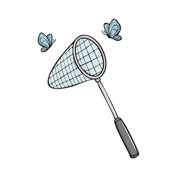 Illustration of a butterfly net with two small butterflies in flight