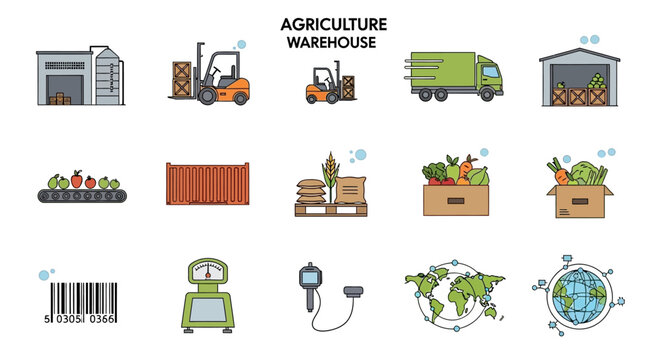 Agriculture Warehouse Icons Set With Forklift Truck And Delivery Van.
