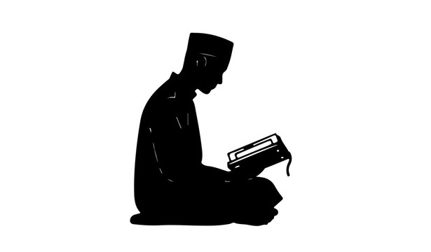 Muslim man silhouette sitting and reading the holy book quran illustration