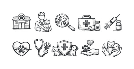 Fototapeta na wymiar Collection of hand-drawn veterinary care icons and symbols for animal health