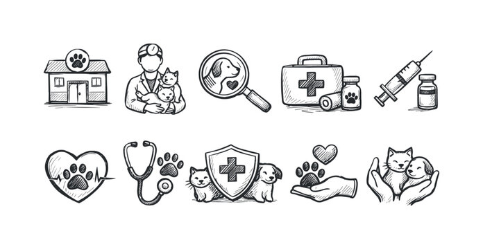 Collection of hand-drawn veterinary care icons and symbols for animal health