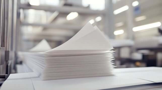 A tall stack of clean white paper sheets with fine texture and sharp edges ready for printing industry use