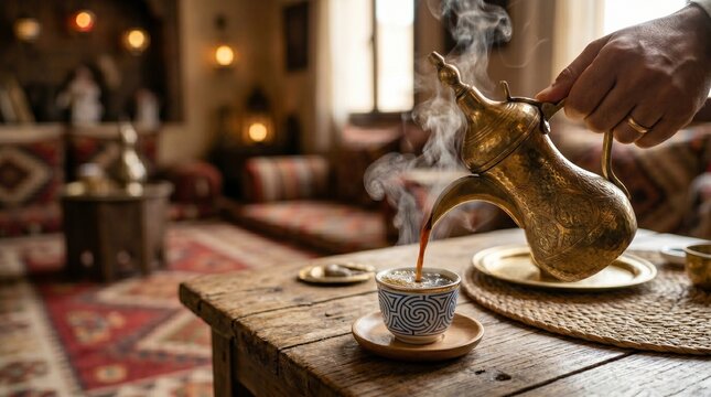 Hand pouring hot Arabic coffee from a traditional brass dallah into a cup