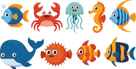 Cute cartoon sea animal collection with fish crab whale jellyfish and seahorse vector illustration set © Jahangir