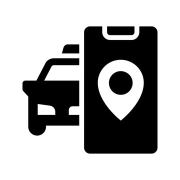 Taxi app icon. Industry and ride hailing filled symbol. Black and white.