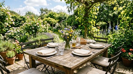 Fototapeta premium Elegant Alfresco Dining Table with Wildflower Centerpiece in a Lush Summer Garden